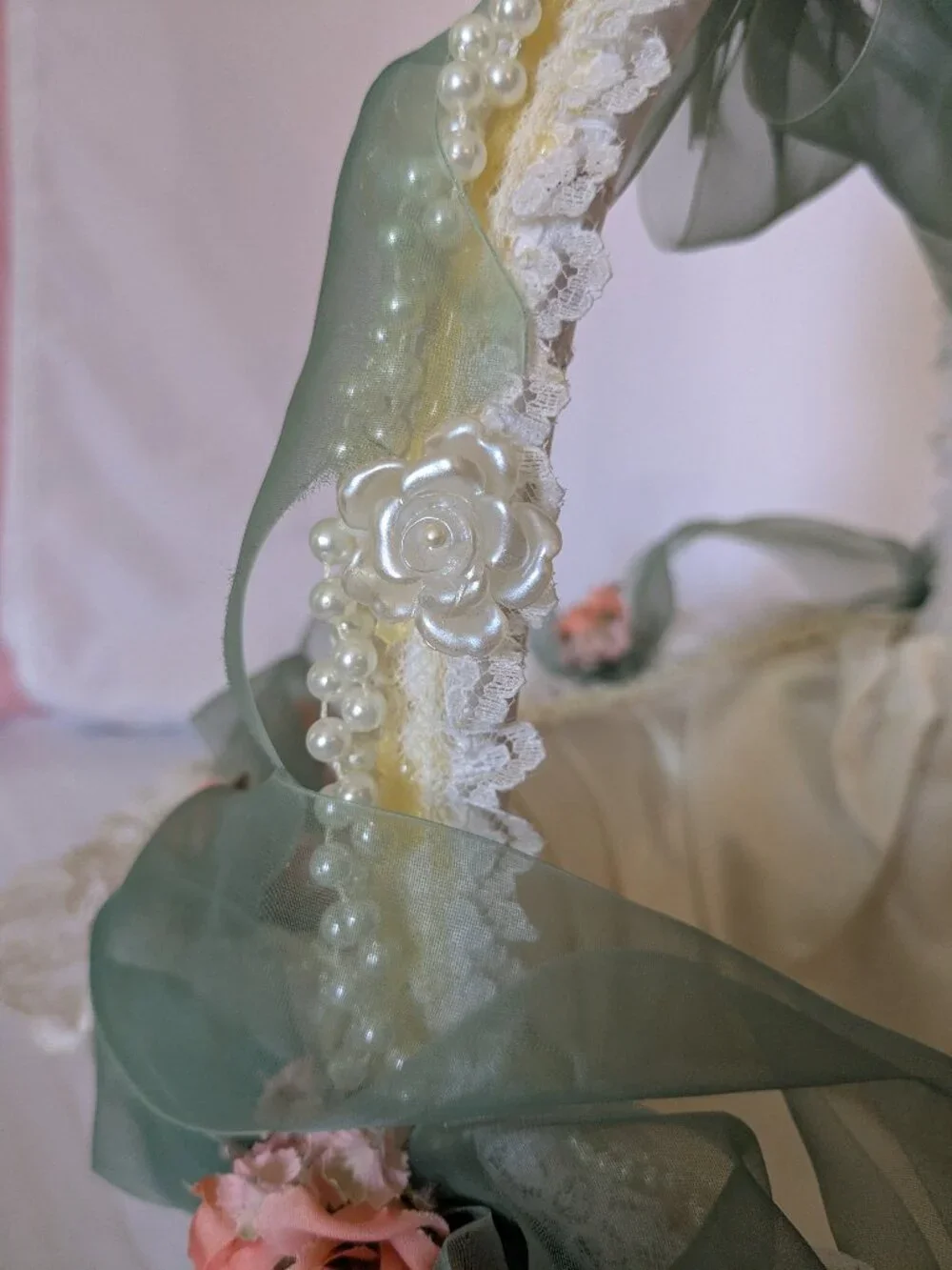 Handmade Lace Pearls Roses & Satin Wedding Baby Cheer Gift Basket